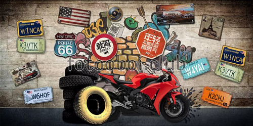 кирпичная стена, 3д, 3d, дизайнерские, мотоцикл, для мальчика, для подростка, детские, шины, номерные знаки