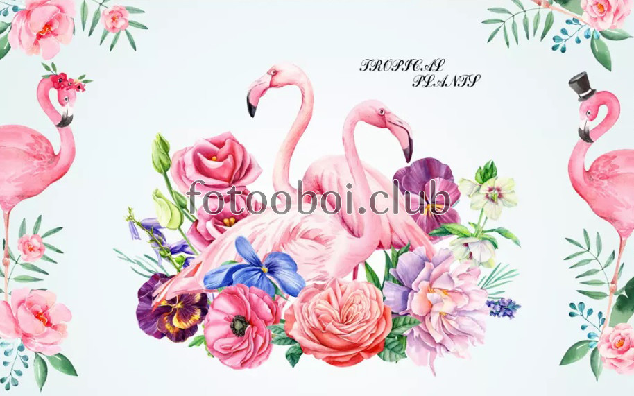 цветы, пионы, листья, розовые фламинго, 3д, 3d