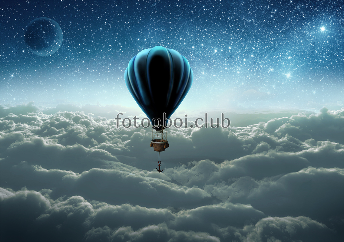 воздушный шар, небо, облака, звёзды, 3д, 3d, 