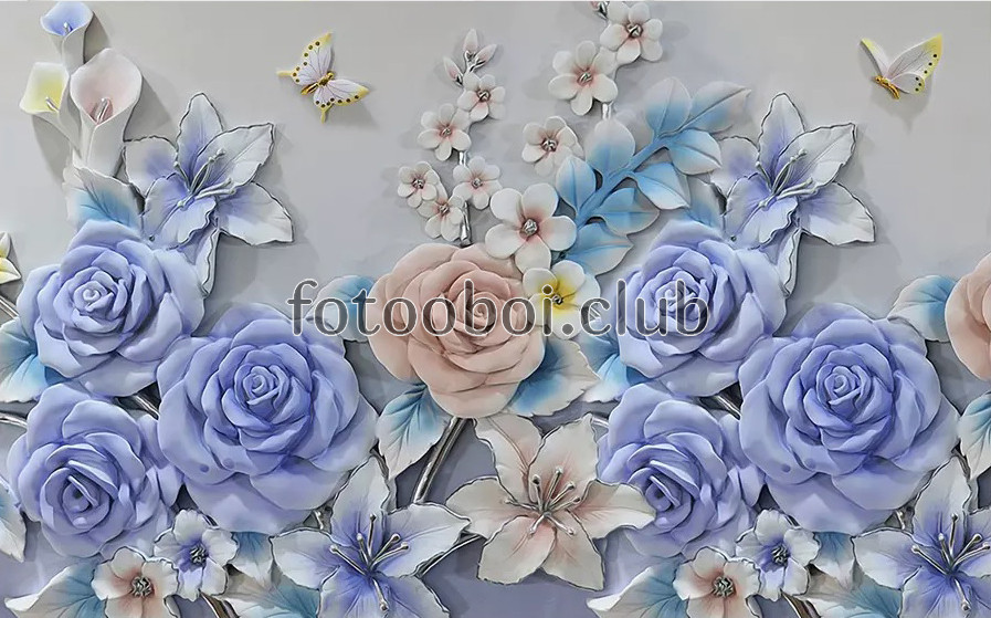синие розы, лилии, цветы, букет, бабочки, лепка, барельеф, 3д, 3d