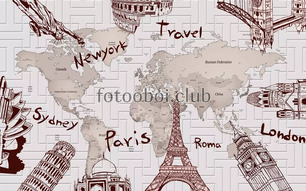карта мира, достопримечательности, фреска, бежевые