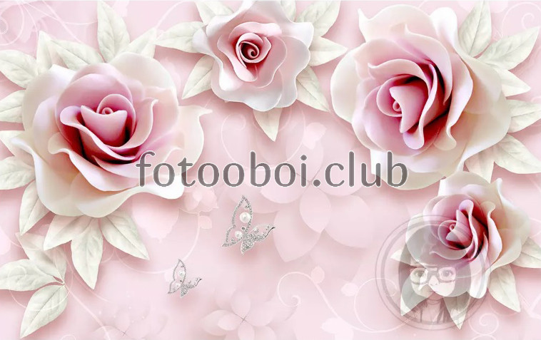 розовые розы, цветы, бабочки, стразы, 3д, 3d, дизайнерские, нежные, светлые