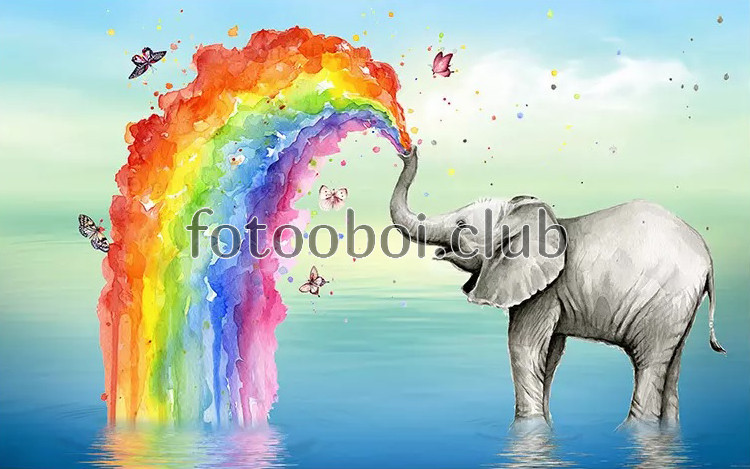 слон, радуга, река, бабочки, живопись, акварель, детские