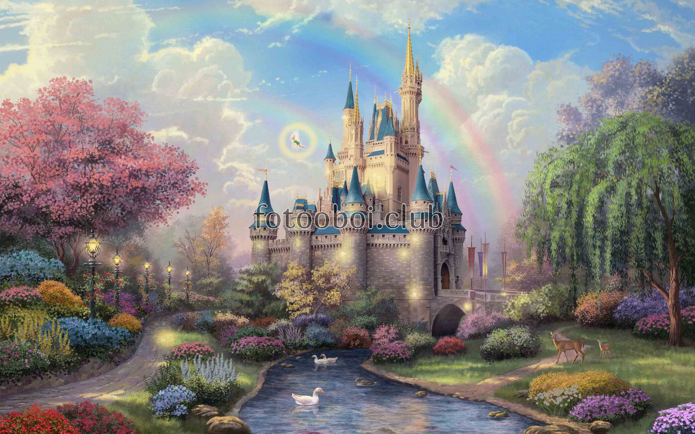 замок, сказочный замок, фея, лебеди, олени, радуга, деревья, речка, пруд, детские , для детей 