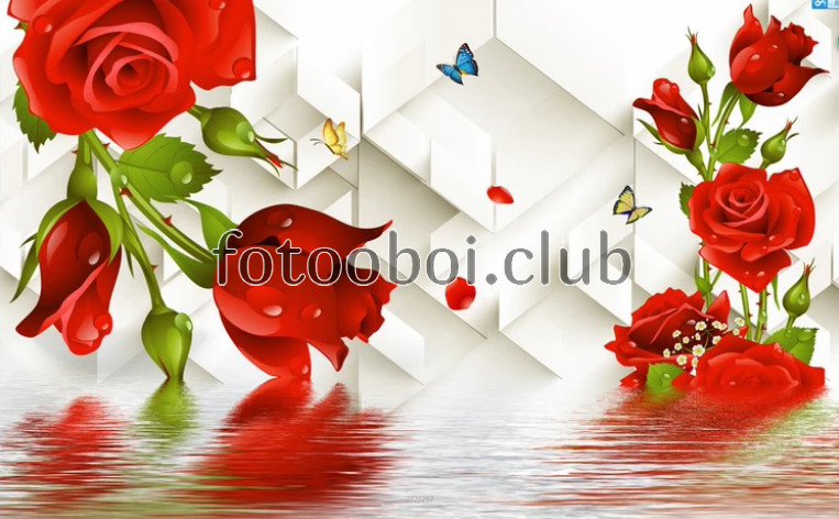 красные розы, вода, бабочки, ромбы, 3д, 3d