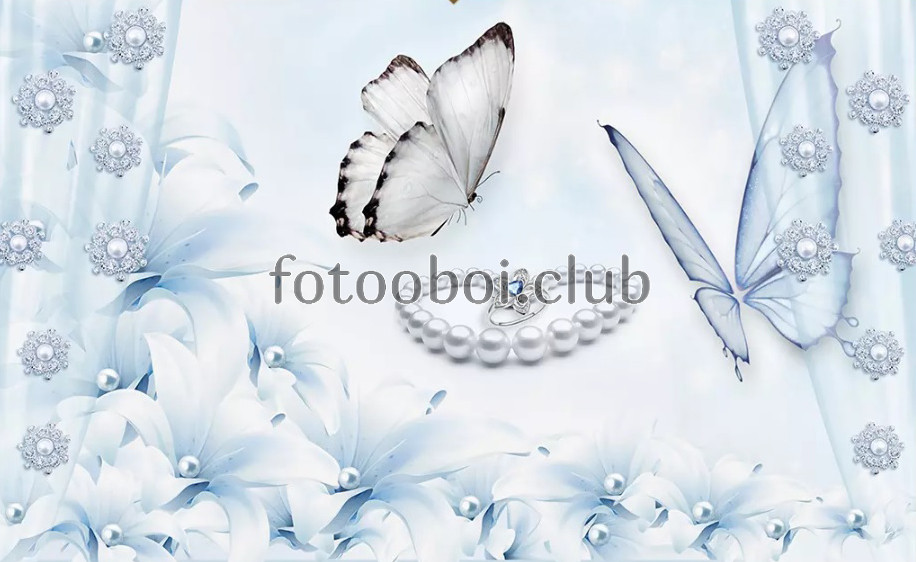 бабочки, голубые цветы, 3д, 3d, дизайнерские