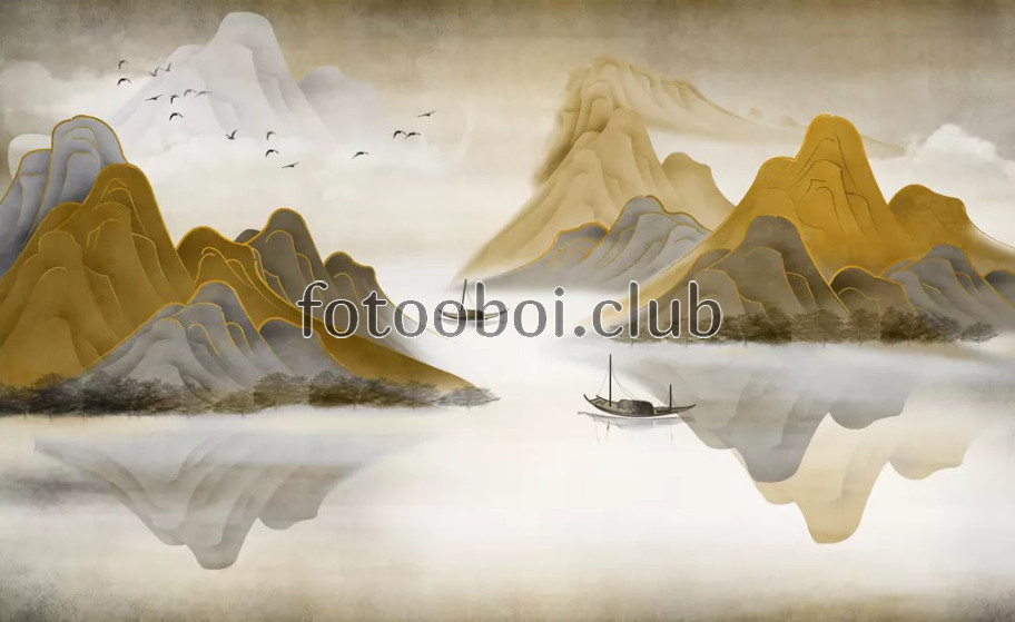 горы, река, абстракция, рыбак, лодка