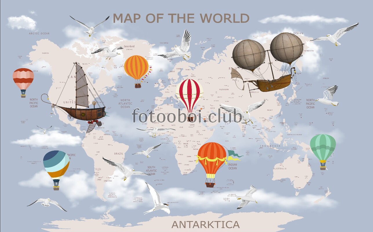 детские, карта мира, карта, для мальчиков, для девочек, воздушные шары, чайки, птицы 
