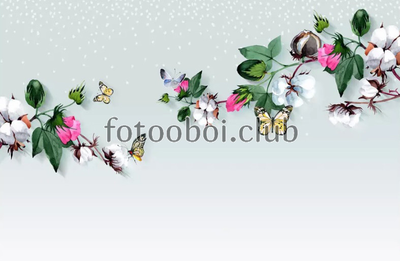 веточка, хлопок, цветы, бабочки, 3д, 3d