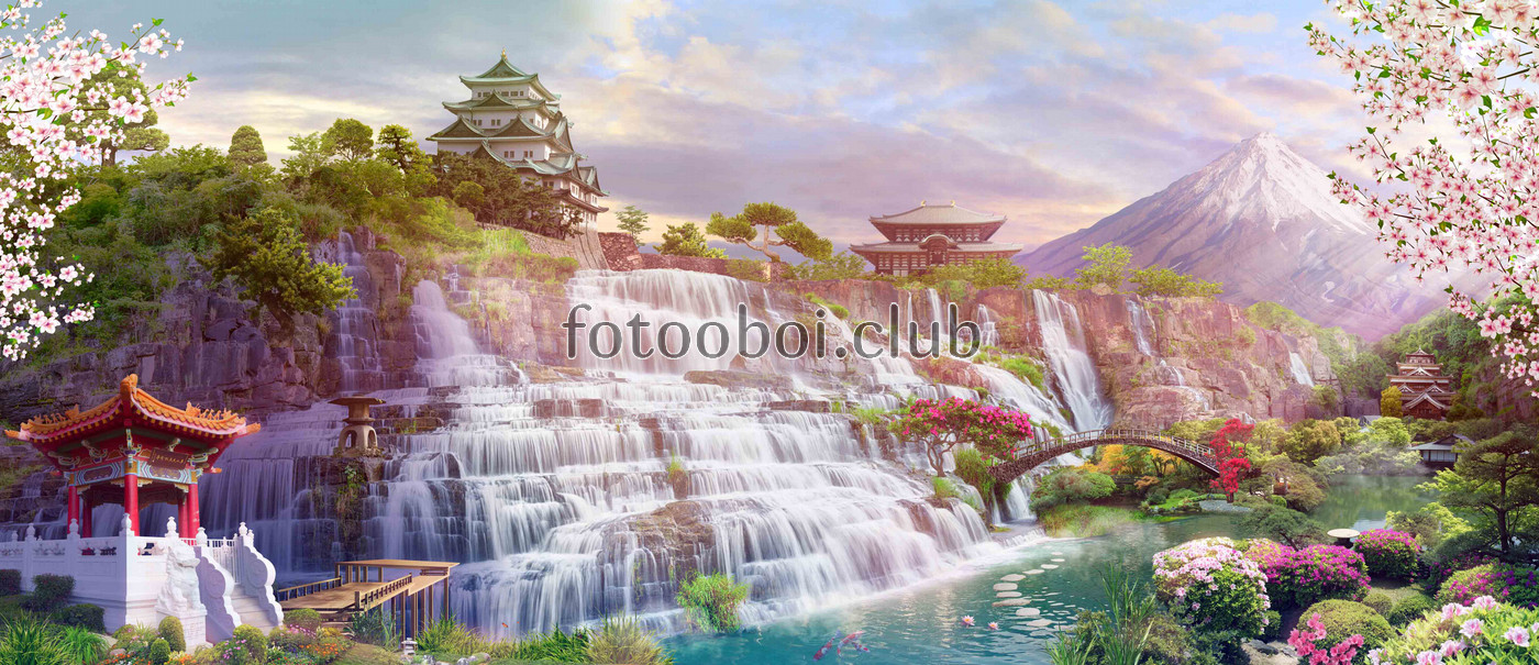 япония, китай, водопад, горы, минка, мостик, мост, цветы, деревья, природа 