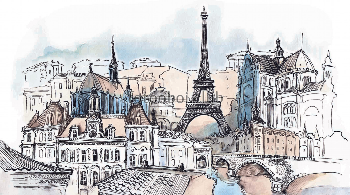 Париж, мост, акварель, дома, эйфелева башня 