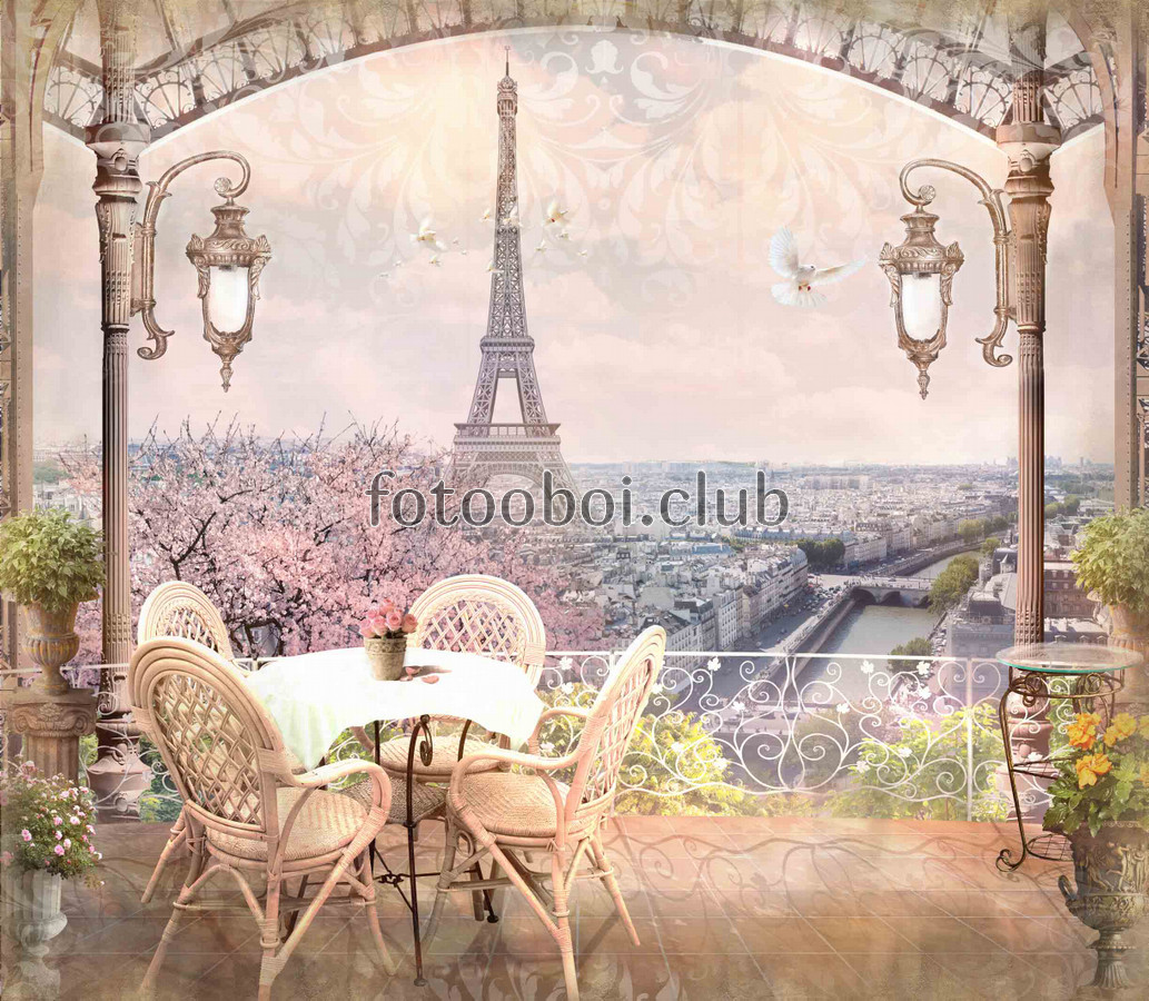 Париж, голуби, Франция, Paris, небо, облака, цветы, город, дерево, балкон, кафе, эйфелева башня