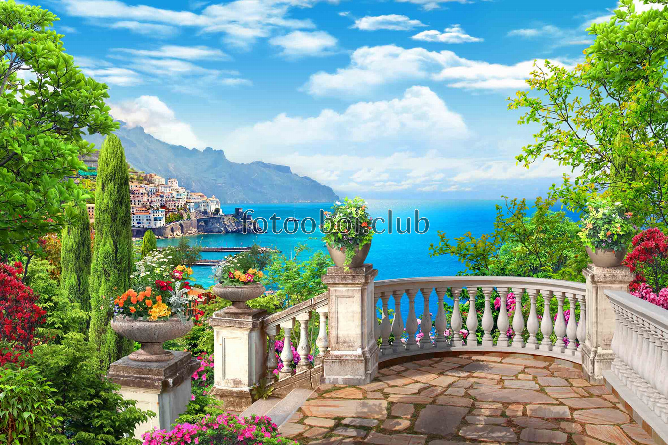 вид с балкона, море, океан, горы, корабль, цветы, деревья, город 