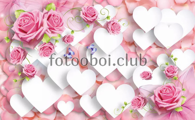 розовые розы, сердечки, 3д, 3d