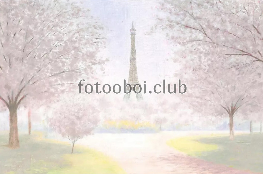 живопись, деревья, сакура, башня, Париж