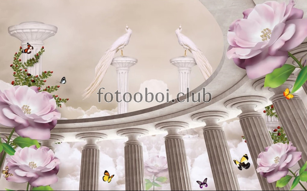 колонны, цветы, птицы, павлины, стереоскопические