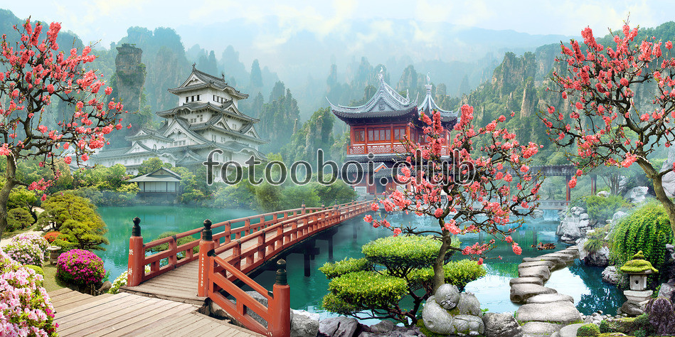 дизайнерские, фреска, японский сад, домики, озеро, статуи, сакура, деревья, мостик, мост, дорожка из камней