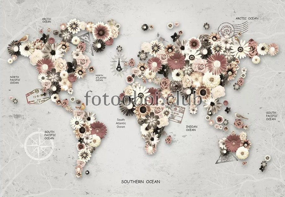 Карта мира, цветы, марки, абстракция