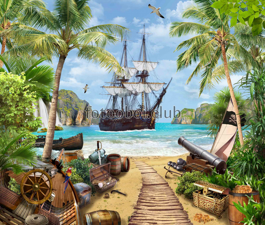 остров, попугай, лодка, пушка, корабль, пальмы, детские, море, океан, золото, сундук, для мальчиков, на стену