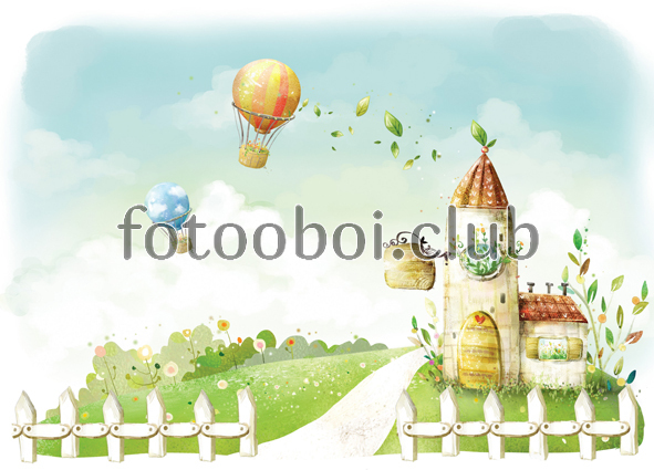 детские, сказочные, акварельные, замок, ограда, цветы, воздушные шары, тропинка, 3д, 3d 