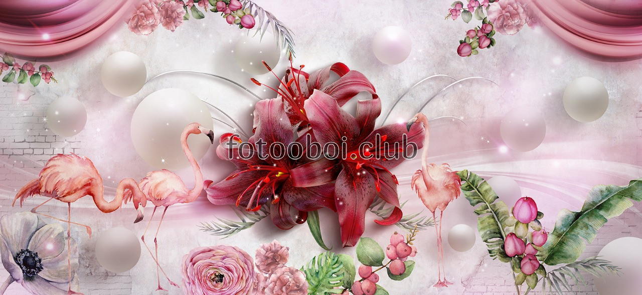 шары, цветы, розы, пионы, лилии, розовые фламинго, 3д, 3d, дизайнерские
