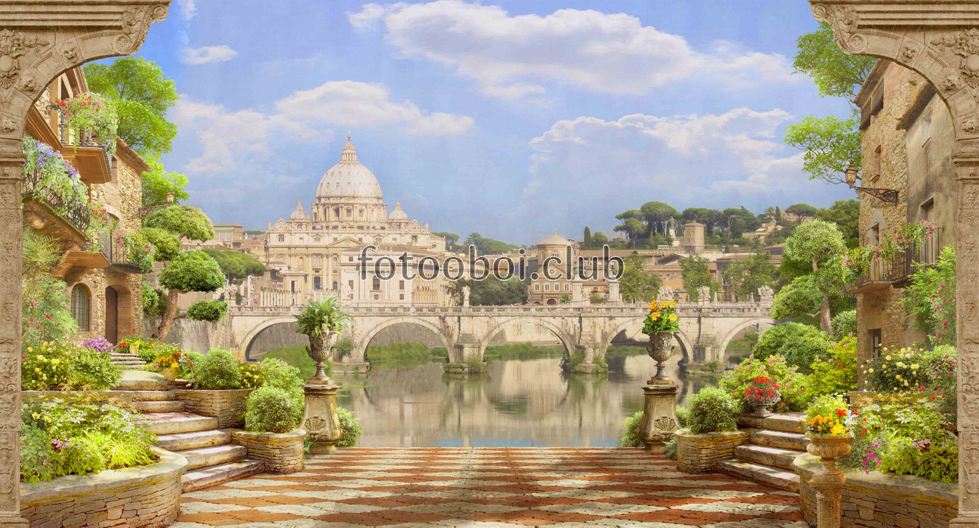 Рим, мост, терраса, цветы, ваза, дома, море, речка, река, развалины, античность, собор