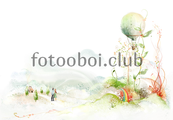 детские, сказочные, акварельные, мальчик, девочка, воздушный шар, цветы, 3д, 3d 