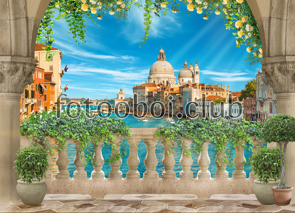 Венеция, река, колонны, дома, балкон, дизайнерские, море, лучи, цветы, вид, вид с балкона 