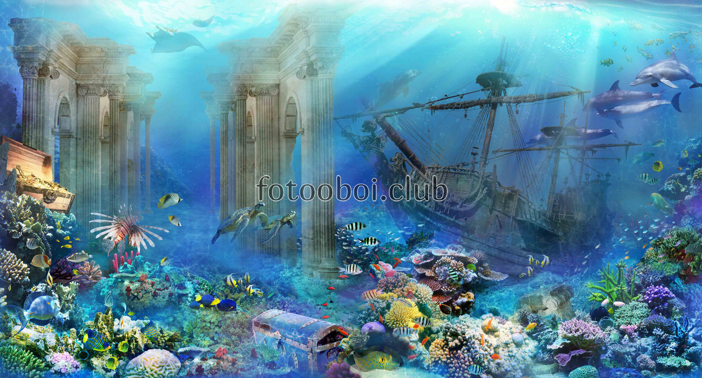 арки, колонны, корабль, подводный мир, черепахи, рыбки, рыба, кораллы, сундук, дельфины, скат, арка, океан, море 
