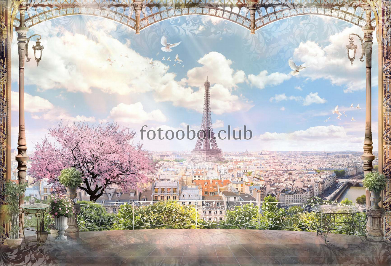 Париж, голуби, Франция, Paris, небо, облака, цветы, город, дерево, балкон, эйфелева башня 