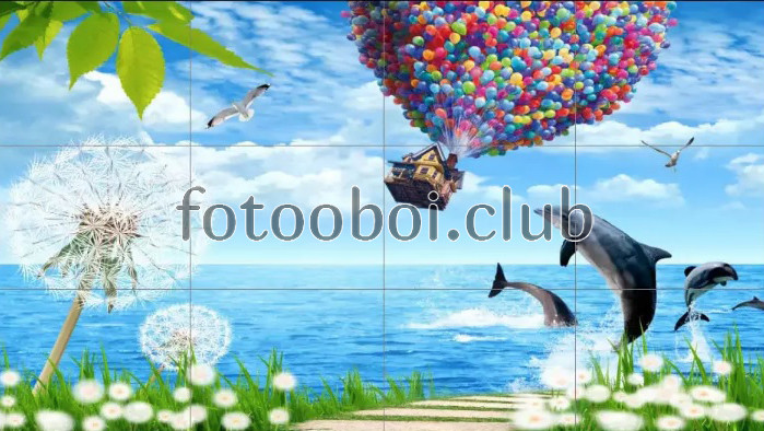 море, океан, дельфины, одуванчики, воздушные шарики