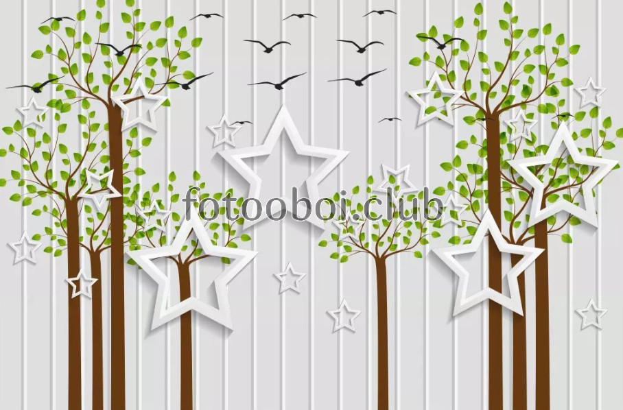 деревья, звезды, птицы, 3д, 3d, абстракция