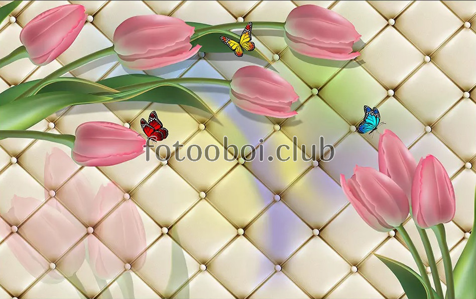 розовые тюльпаны, 3д, 3d, дизайнерские, коретная стяжка, бабочки