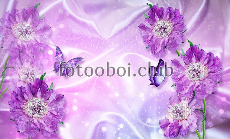 фиолетовые цветы, бутоны, бабочки, 3д, 3d, дизайнерские