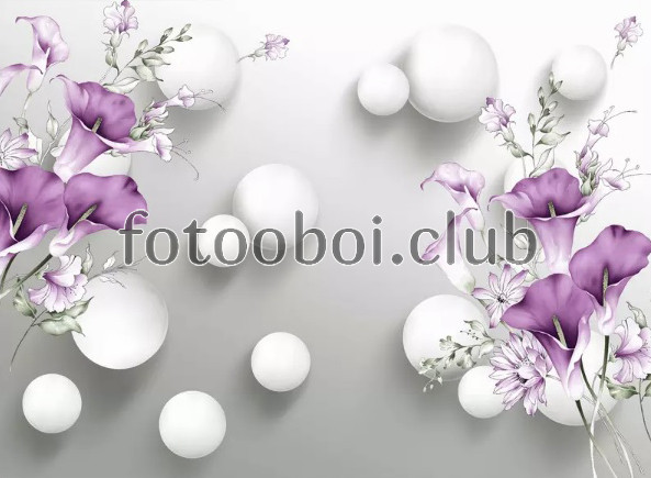 цветы, фиолетовые, шары, 3д, 3d
