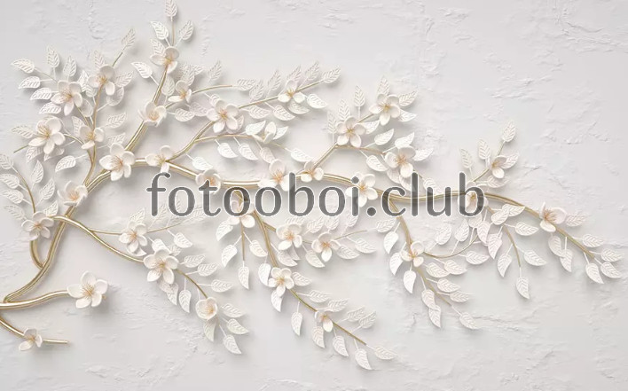 фреска, дерево, белые цветы, 3д