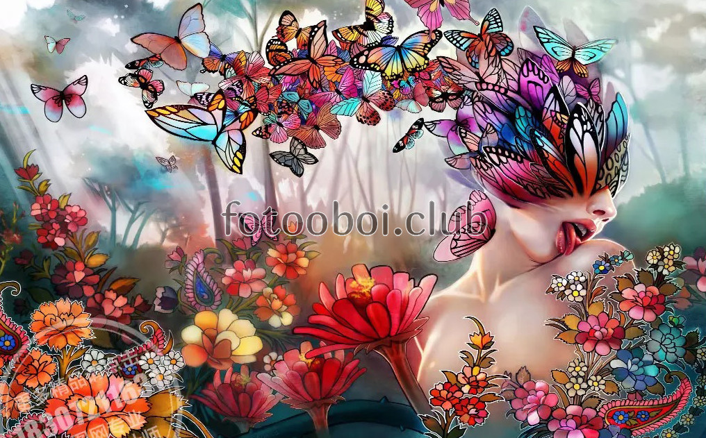 девушка, цветы, бабочки, лес, яркие, дизайнерские