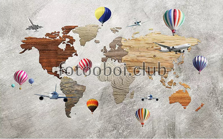 деревянная карта мира, воздушные шары, самолеты, дизайнерские, детские