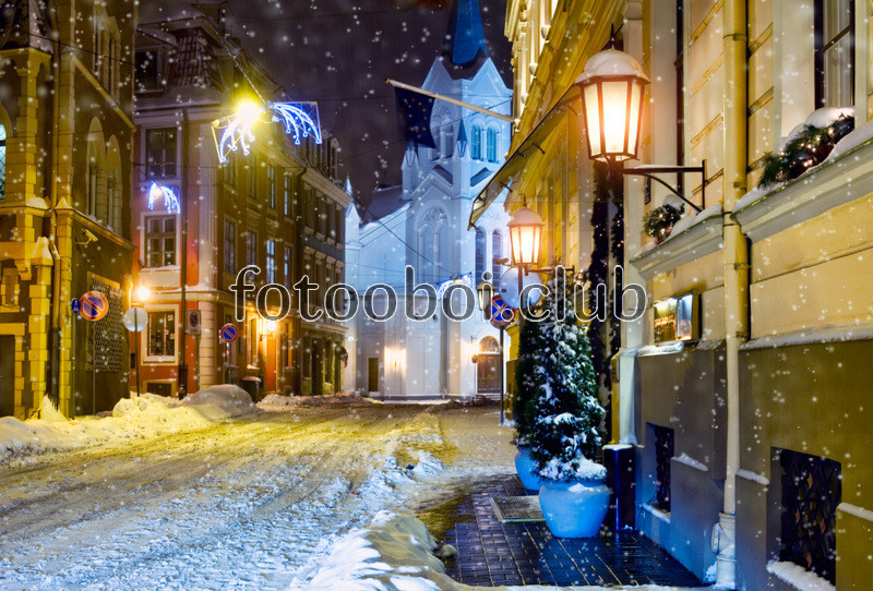 улочка, улица, дома, фонари, ночной город, зима, снег