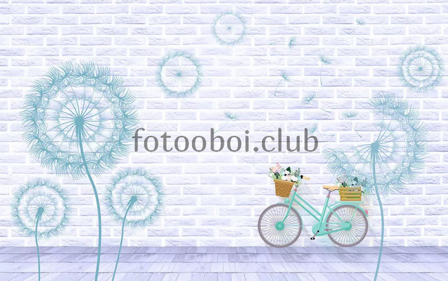 кирпичная стена, велосипед, одуванчики, голубые, дизайнерские