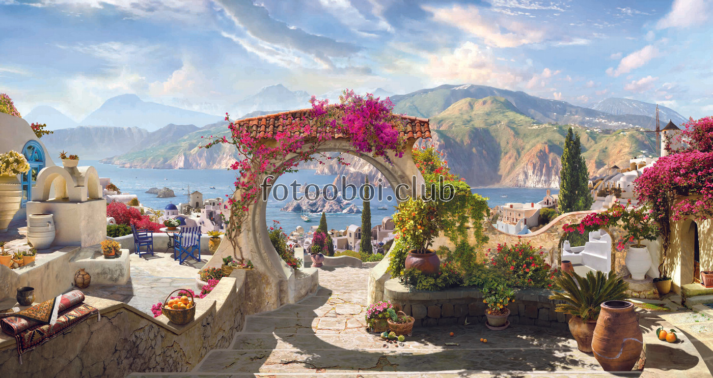 арка, Греция, цветы, растения, мандарины, апельсины, море, океан, горы, ваза, небо, кафе, корабль, корабли, ковер 