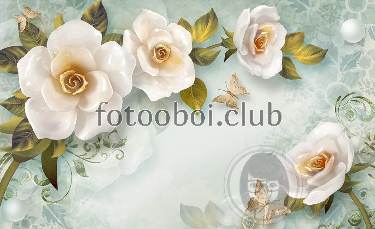 белые цветы, розы, бабочки, голубой фон, 3д, 3d, дизайнерские