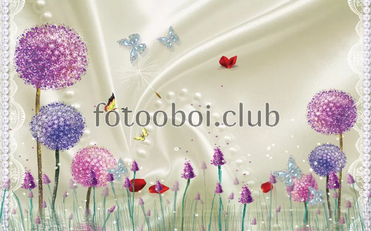 одуванчики, цветы, шары, бабочки, шелк, жемчуг, узор, 3д, 3d
