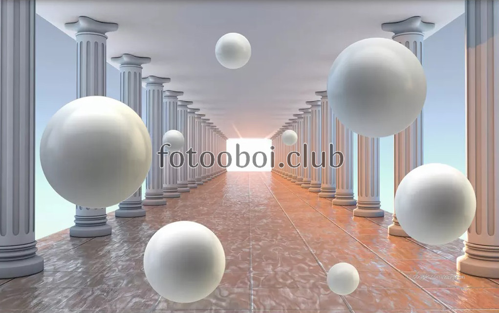 коридор, колонны, перламутровые шары, 3д, 3d, стереоскопические