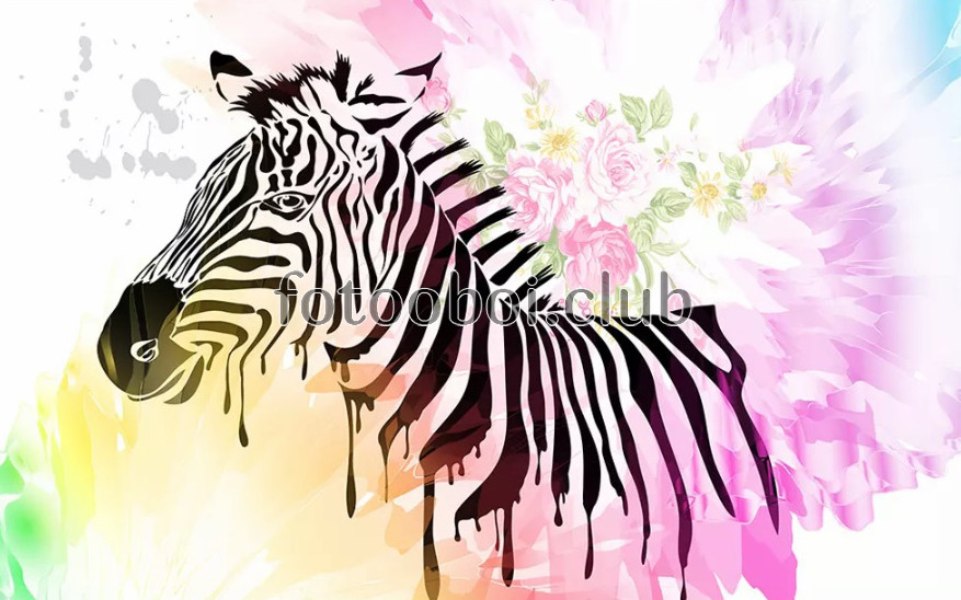зебра, цветы, дизайнерские, акварель, животные