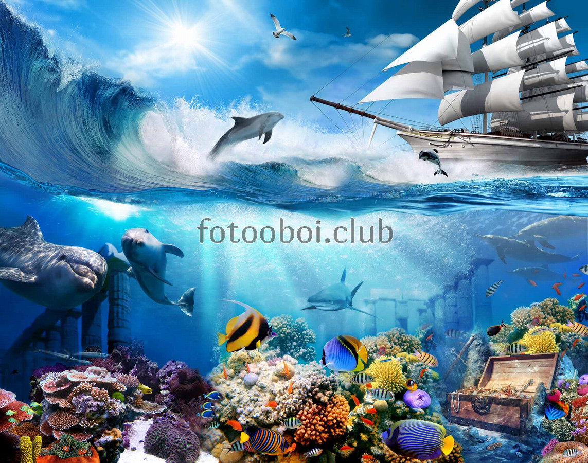 подводной мир, океан, море, дельфины, киты, черепахи, морские ежи, кораллы, медуза, рыбки, рыбы, осьминог, волна, закат, подводное царство , сундук, золото 
