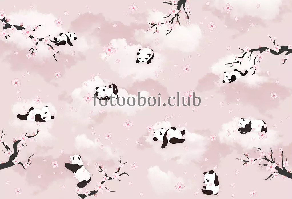 панды, облака, для девочки, детские, сакура, розовые