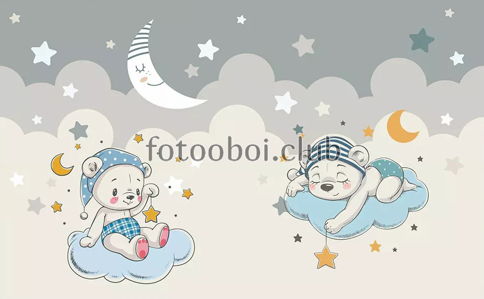 медвежата на облаке, небо, звезды, месяц, детские, для мальчика, для девочки