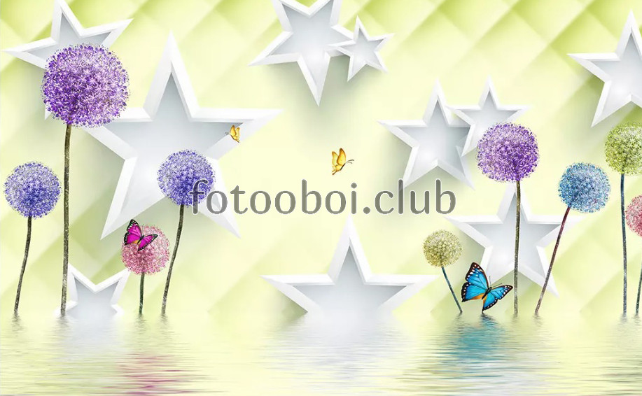 цветы, одуванчики, звезды, бабочки, 3д, 3d, абстракция