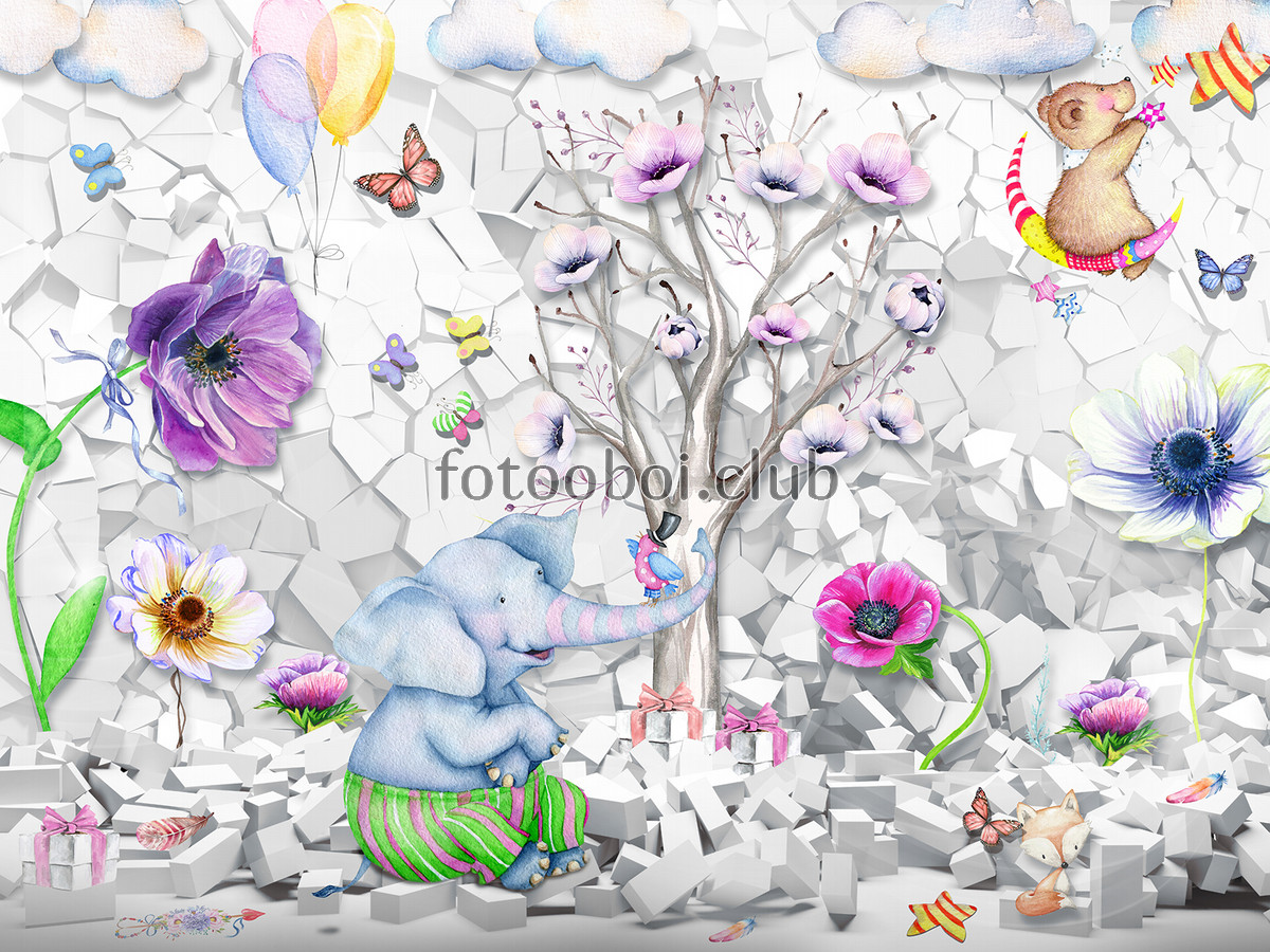 слон, слоник, мишка, медведь, бабочки, шарики, цветочек, цветок, цветы, луна, дерево, кирпичи, для детей, 3д, 3D, кирпич
